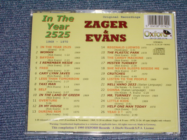 画像: ZEGER & EVANS - IN THE YEAR 2525 1969-1970 ( 2 in 1 + SINGLE VERSION  ) / 1995 GERMANY SEALED CD