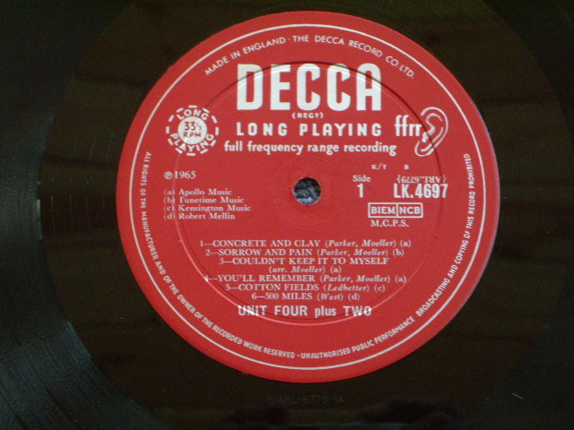 画像: UNIT 4+2  - 1ST ALBUM 'Matrix #  A)ARL-6779-1A B)ARL-6780-1A) (Ex, Ex-/Ex+) /1965 UK ENGLAND ORIGINAL "MAROON With UN-Boxed DECCA Label" MONO Used LP